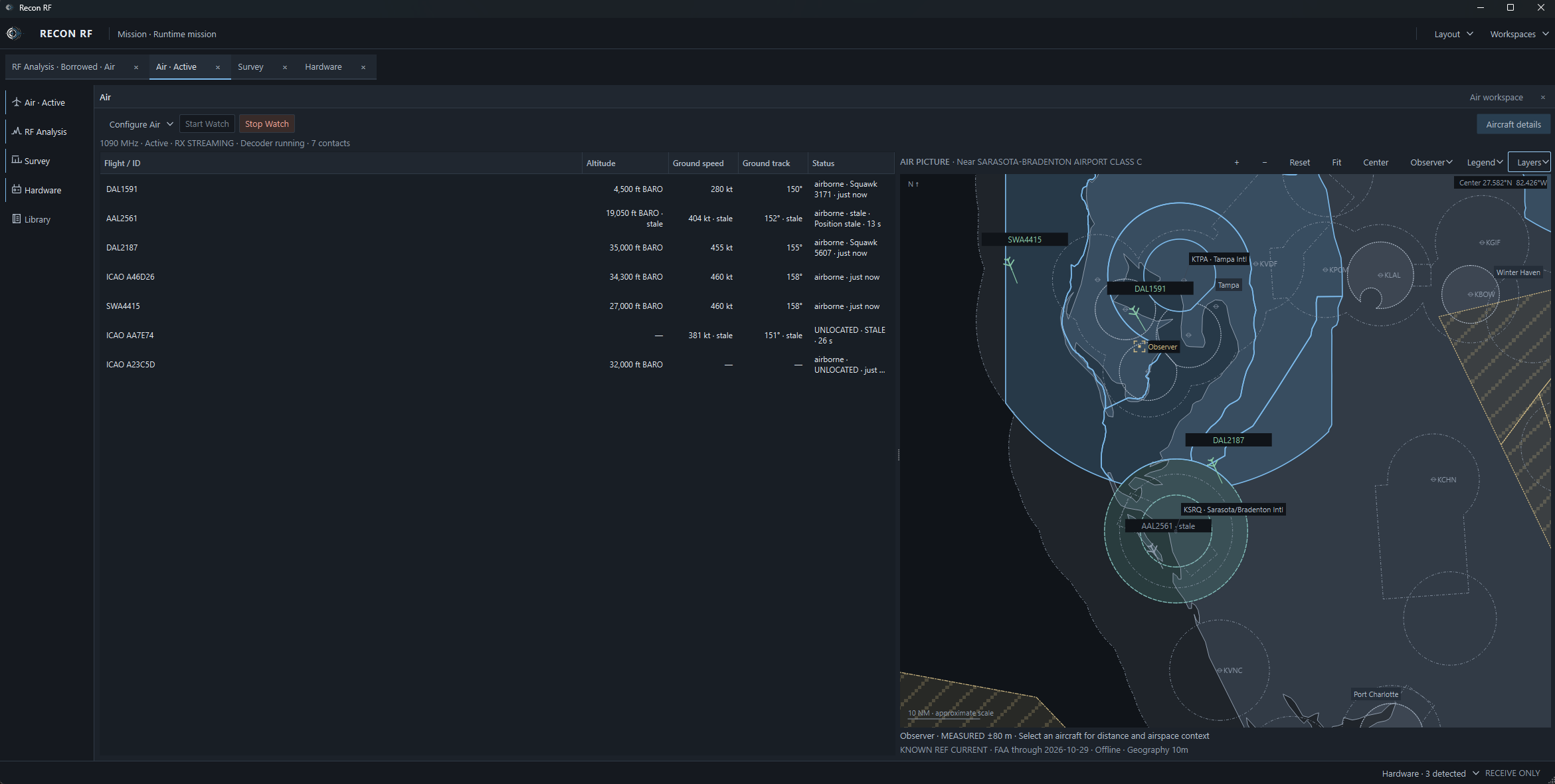 Recon RF Air workspace with an aviation contact table and a geographic Air Picture showing aircraft, airport and airspace context.